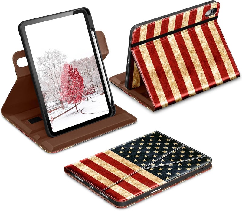 DTTO for iPad A16 Case, iPad 11th / 10th Generation Case (2025/2022), 360 Degree Rotating Premium Leather Folio Stand Cover with Pencil Holder, New US Flag - Image 1